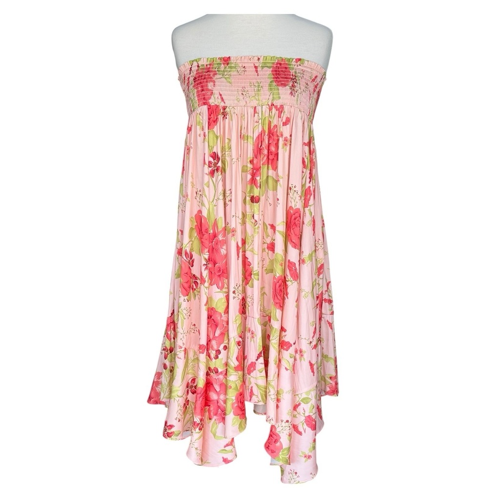 by Anthropologie Pink Multicolor Floral Smocked Midi Strapless Dress Size S